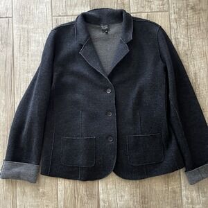 Eileen Fisher Womens Boiled Wool Blazer Jacket L Dk Grey/Lt grey Collar Cuffs